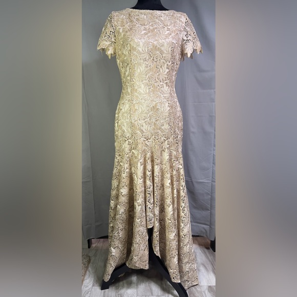 Tahari by Arthur S. Levine Gold Embroidered Evening Gown Size 8 Mermaid Lace - Picture 1 of 14